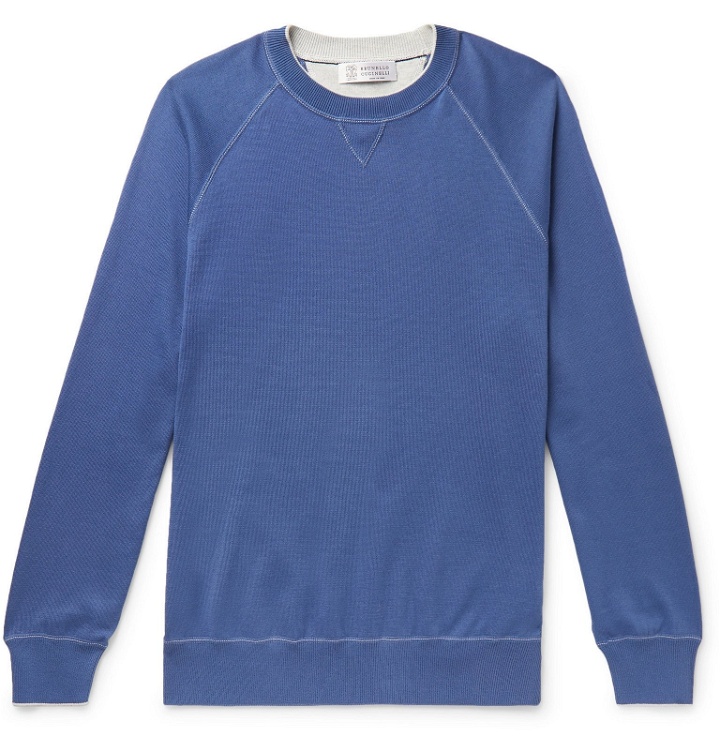 Photo: Brunello Cucinelli - Contrast-Tipped Cotton-Jersey Sweatshirt - Blue