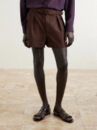 SAINT LAURENT - Straight-Leg Pleated Wool and Mohair-Blend Shorts - Brown