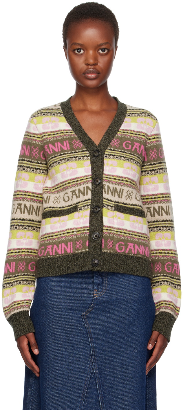 GANNI Khaki & Pink Jacquard Cardigan GANNI