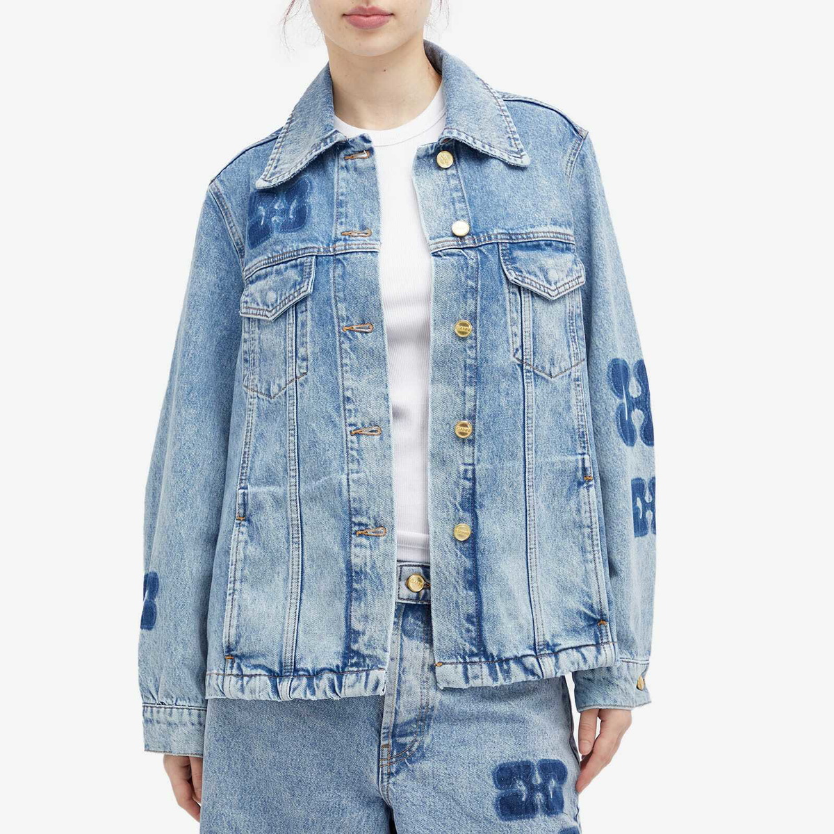 GANNI Women's Patch Denim Jacket in Mid Blue Stone GANNI