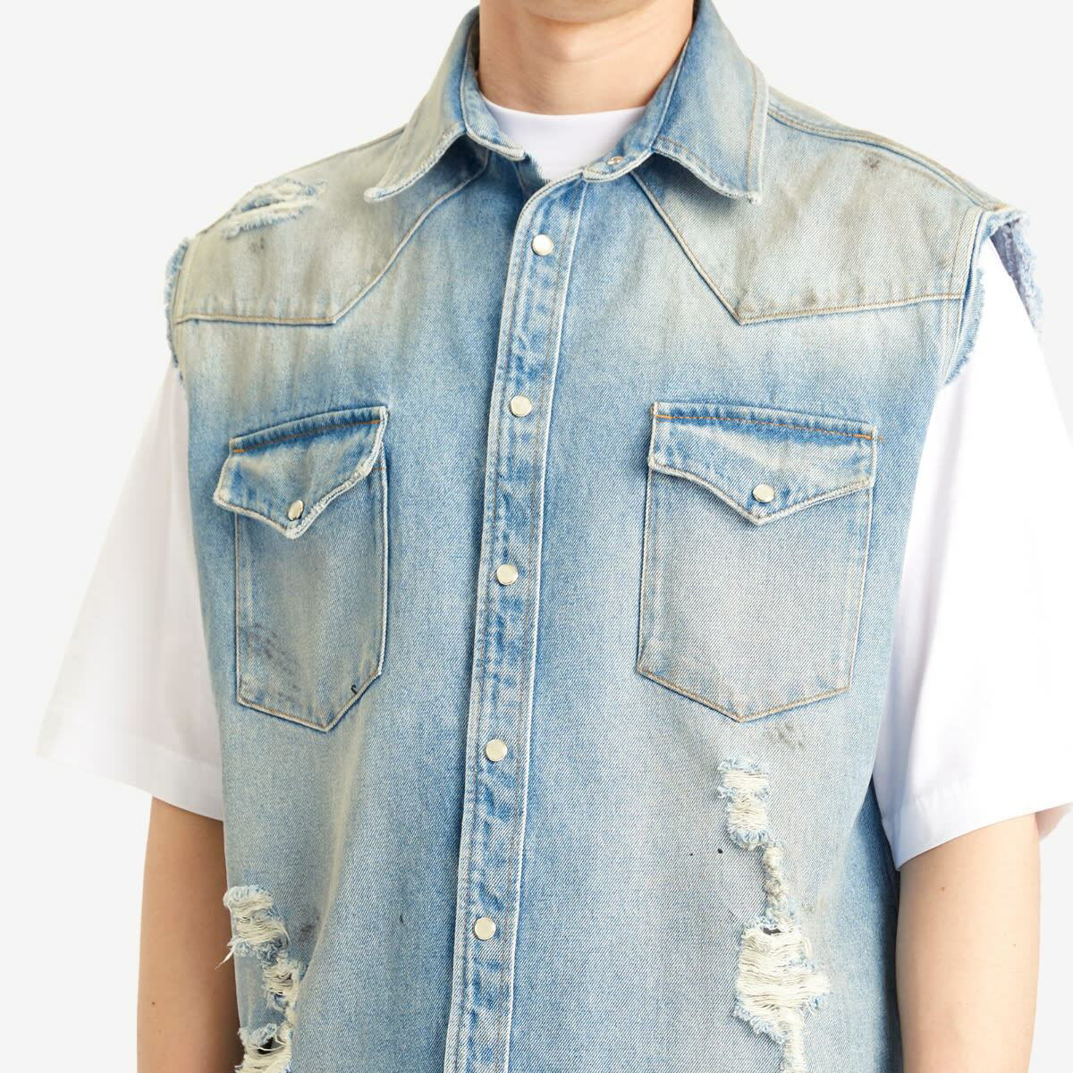 MM6 Maison Margiela Men's Sleeveless Distressed Denim Shirt