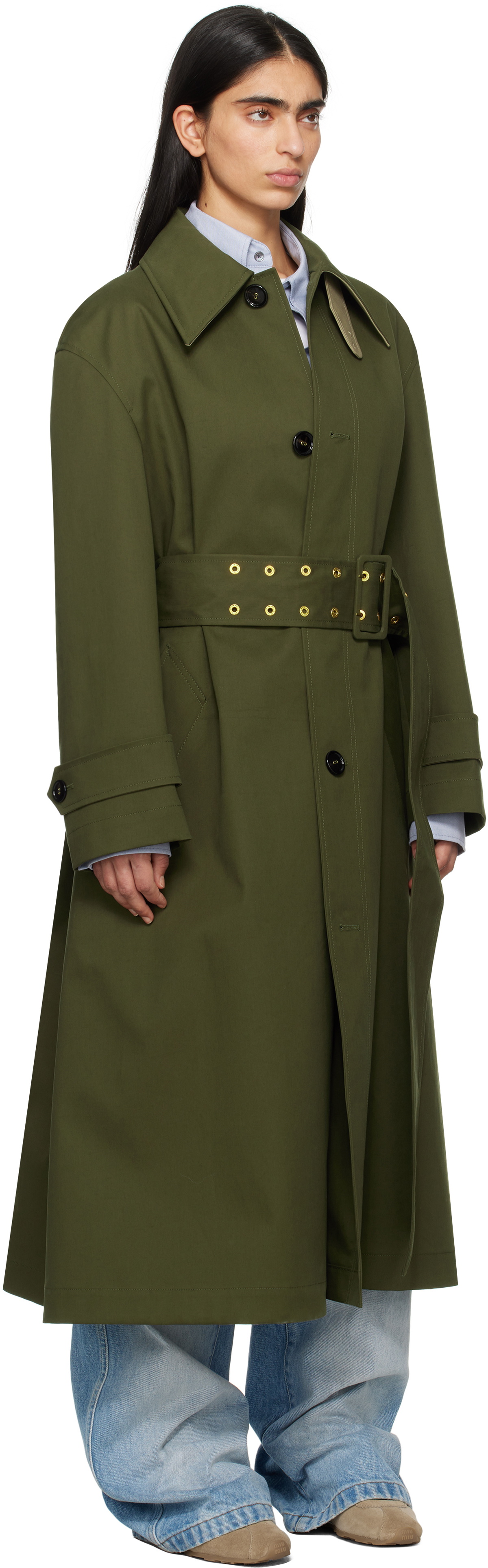 AMI Paris Green Cotton Belted Mac Coat