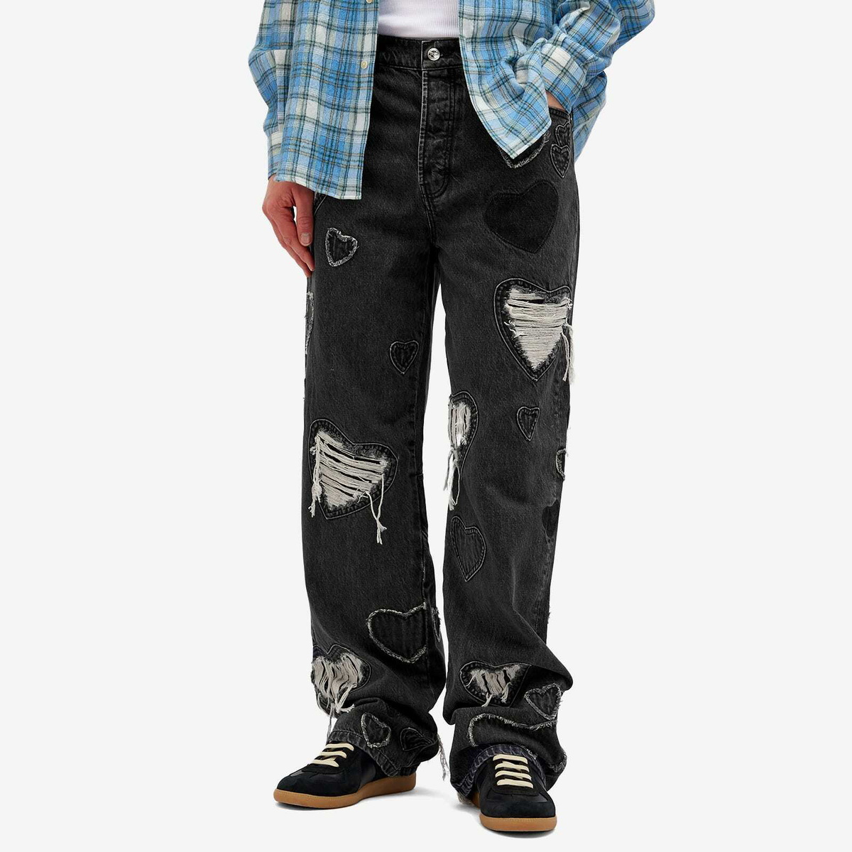 Nahmias Men's Heart Patchwork Jeans in Heart Charcoal Wash Nahmias