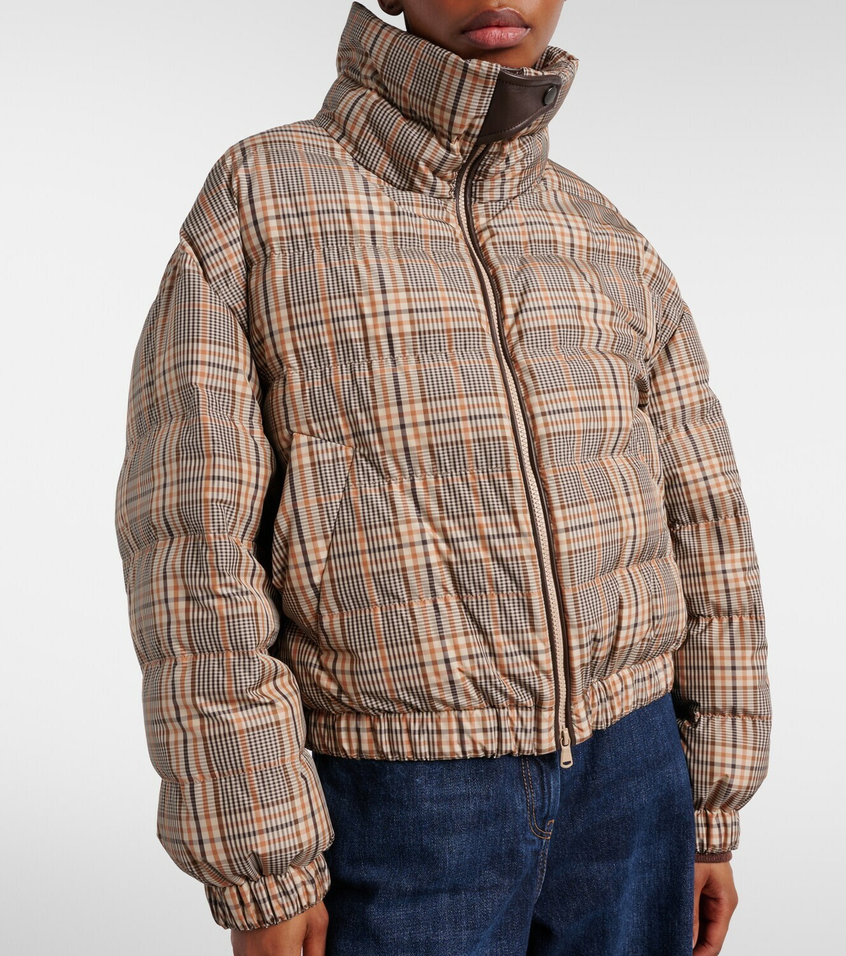 Brunello Cucinelli Checked leather-trimmed down jacket