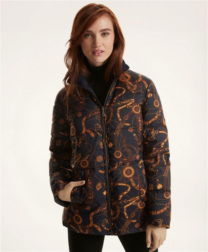 Photo: Brooks Brothers Women's Down Reversible Equestrian Print Puffer Coat | Navy