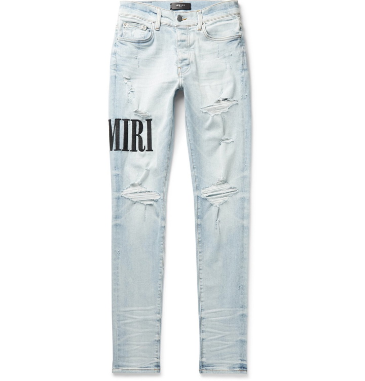 Photo: AMIRI - Skinny-Fit Logo-Embroidered Distressed Stretch-Denim Jeans - Blue