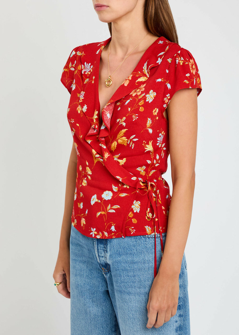 Reformation Clemence Floral-print Crepe Wrap top Red