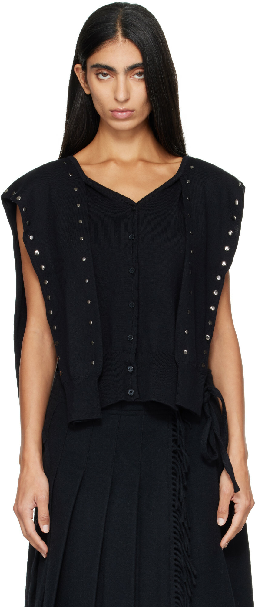 OPEN YY Black Stud Sleeve Layered Cardigan