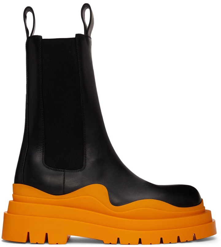 Photo: Bottega Veneta Black & Orange Tire Chelsea Boots