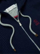 Brunello Cucinelli - Logo-Embroidered Ribbed Cashmere Zip-Up Hoodie - Blue