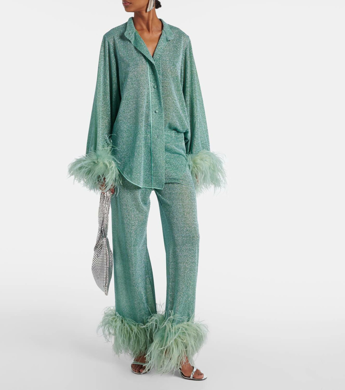 Oséree Lumière Plumage feather-trimmed lamé pants Oseree