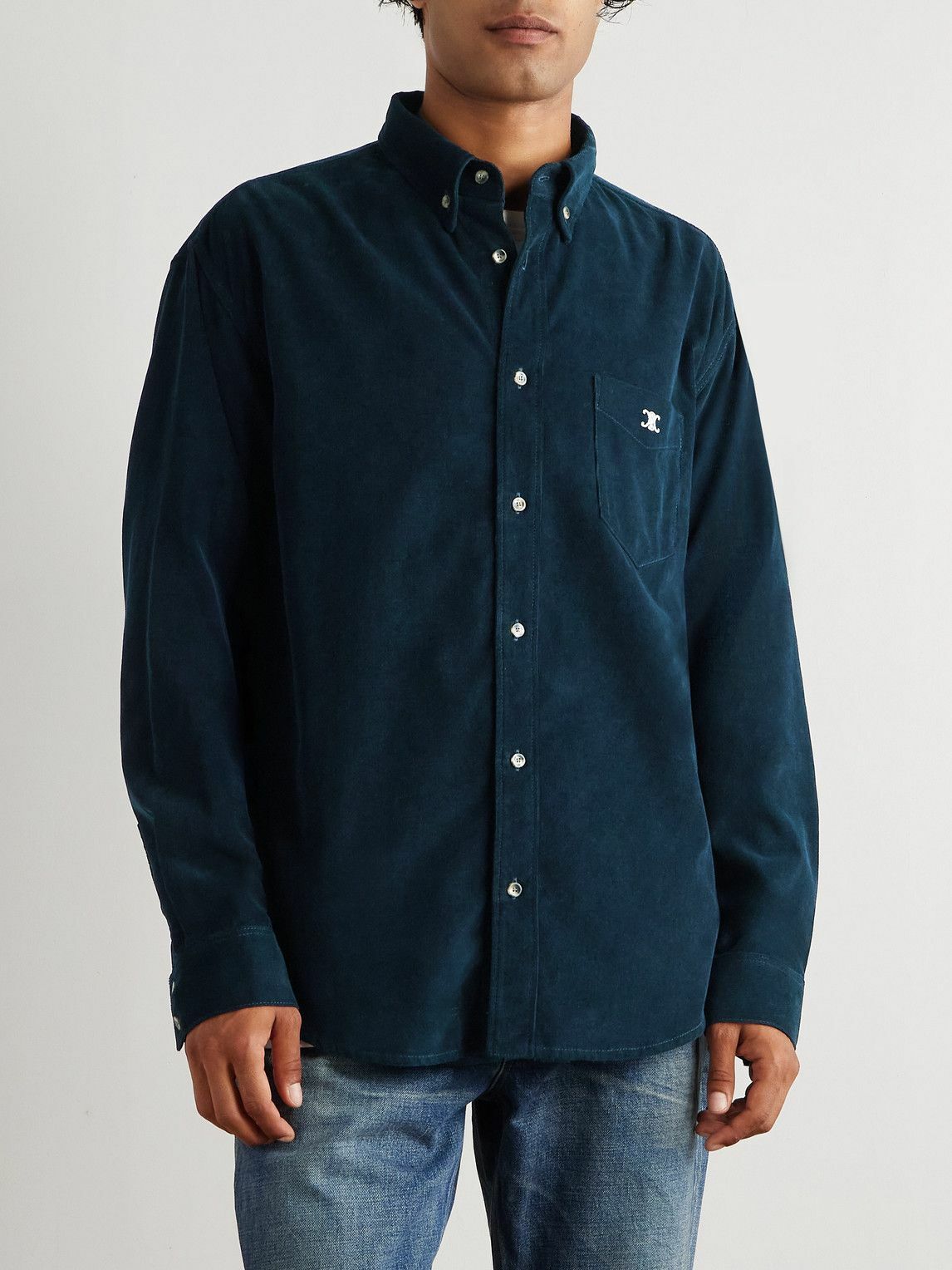 CELINE - Button-Down Collar Logo-Embroidered Cotton-Corduroy Shirt - Blue