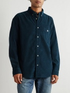 CELINE - Button-Down Collar Logo-Embroidered Cotton-Corduroy Shirt - Blue