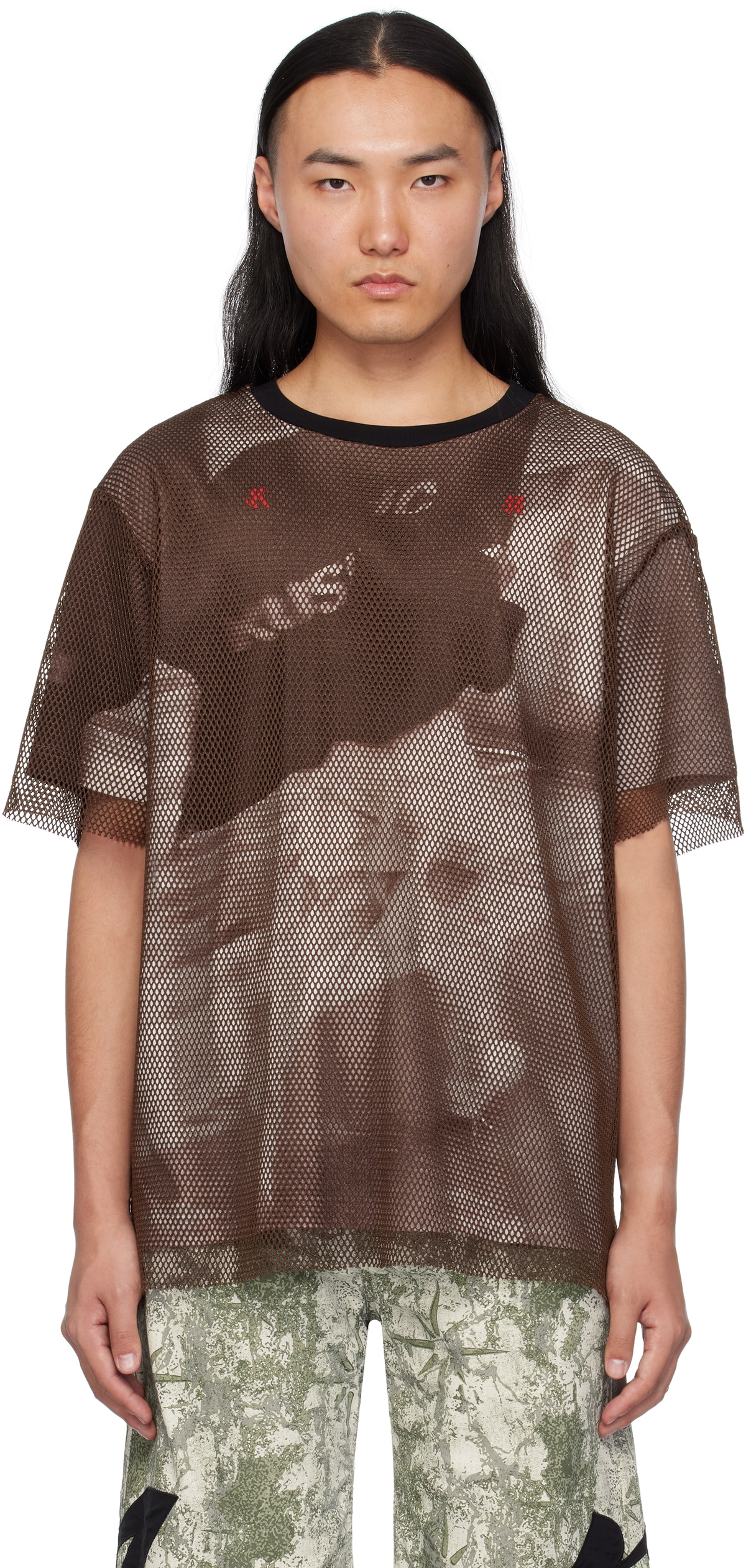 KUSIKOHC Brown Printed Mesh T-shirt
