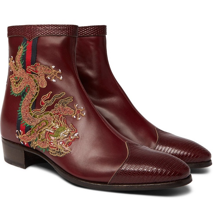 Photo: Gucci - Webbing-Trimmed Embroidered Leather Chelsea Boots - Men - Red