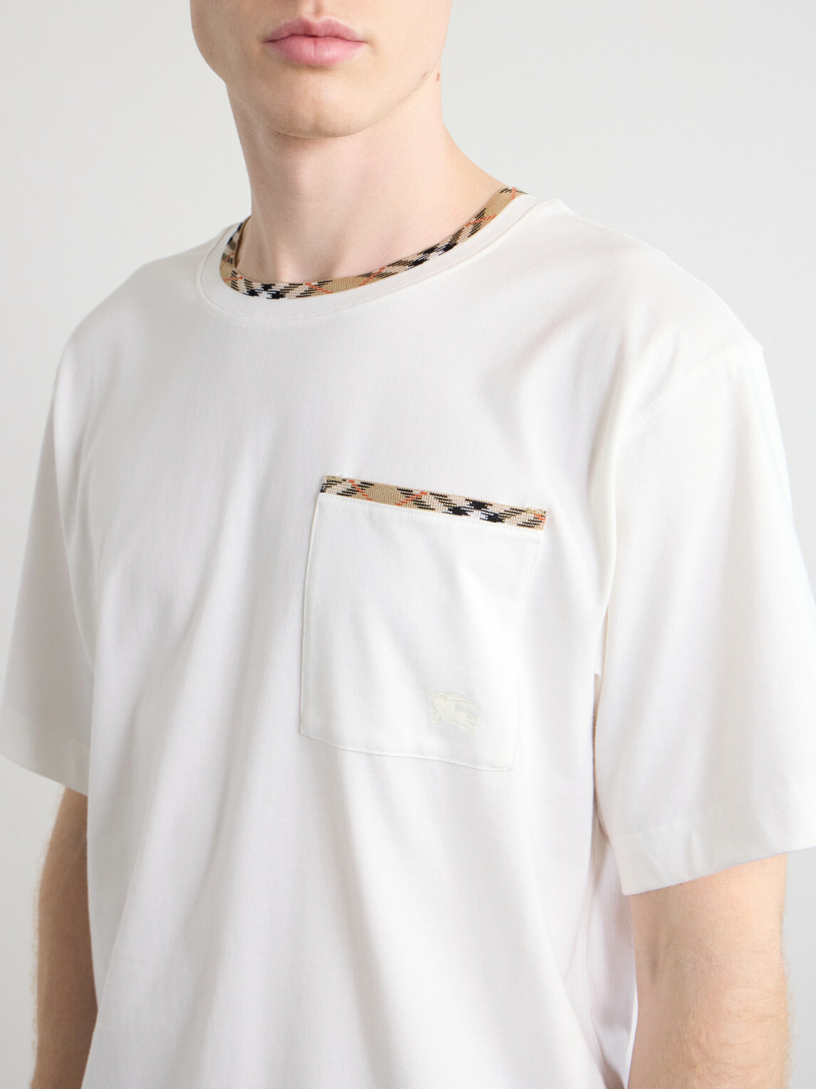 Burberry - Logo-Embroidered Checked Cotton-Jersey T-Shirt - White