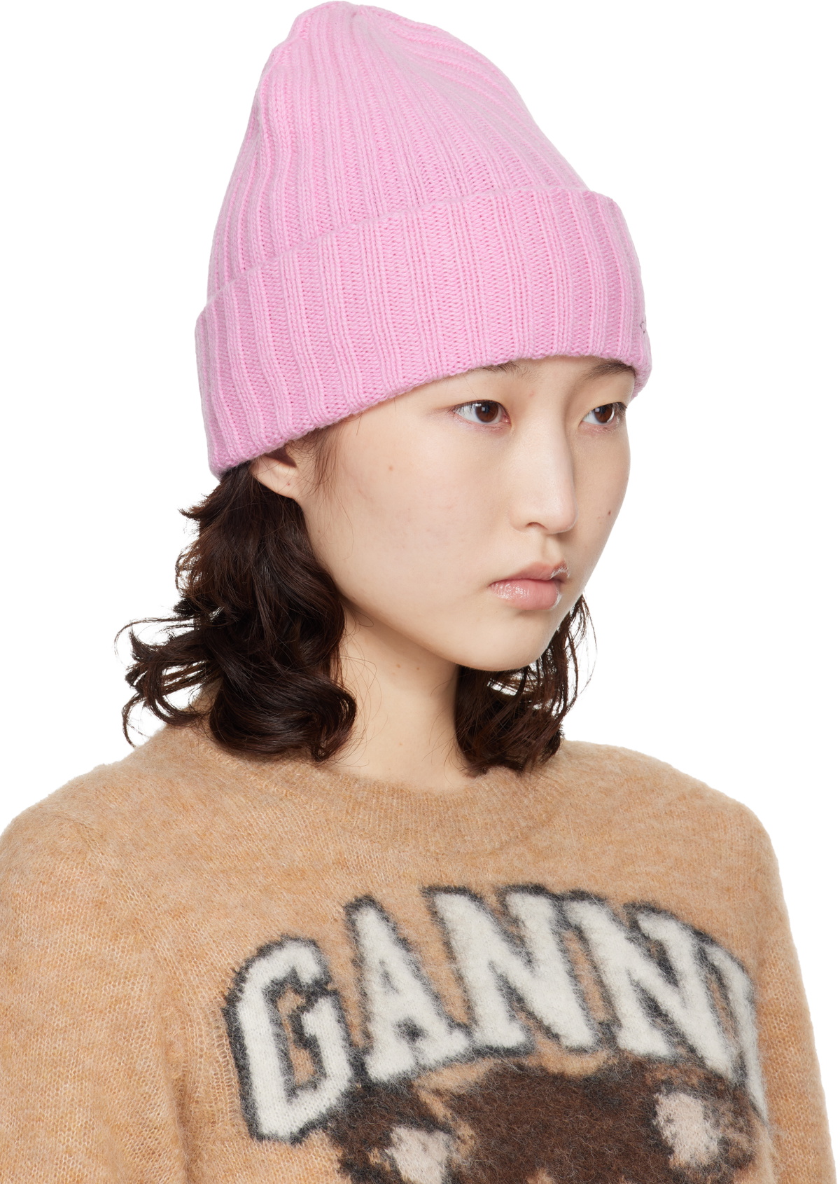 GANNI Pink Wool Knit Beanie