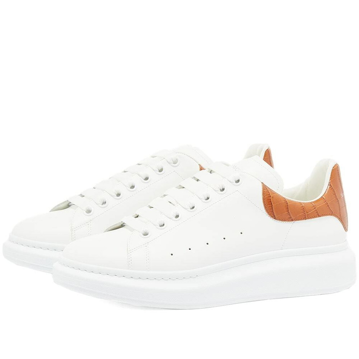 Photo: Alexander McQueen Men's Mock Croc Heel Tab Wedge Sole Sneakers in White/Cedar