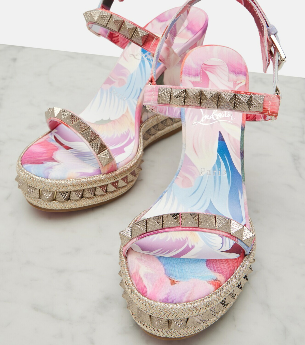 Christian Louboutin Pyra Clou studded floral chiné espadrille wedges