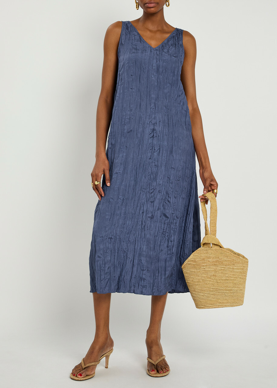 Eileen Fisher Crinkled Pliss Silk Midi Dress Navy EILEEN FISHER
