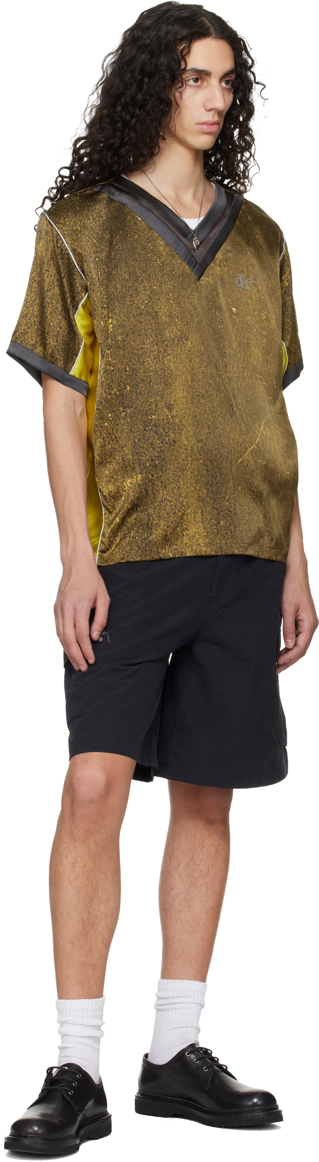 Serapis Khaki Satin Silk Double V-Neck Short Sleeve T-shirt