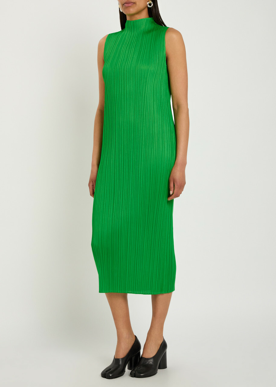 Pleats Please Issey Miyake Pleated High-neck Woven Midi Dress Green