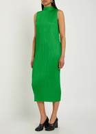 Pleats Please Issey Miyake Pleated High-neck Woven Midi Dress Green