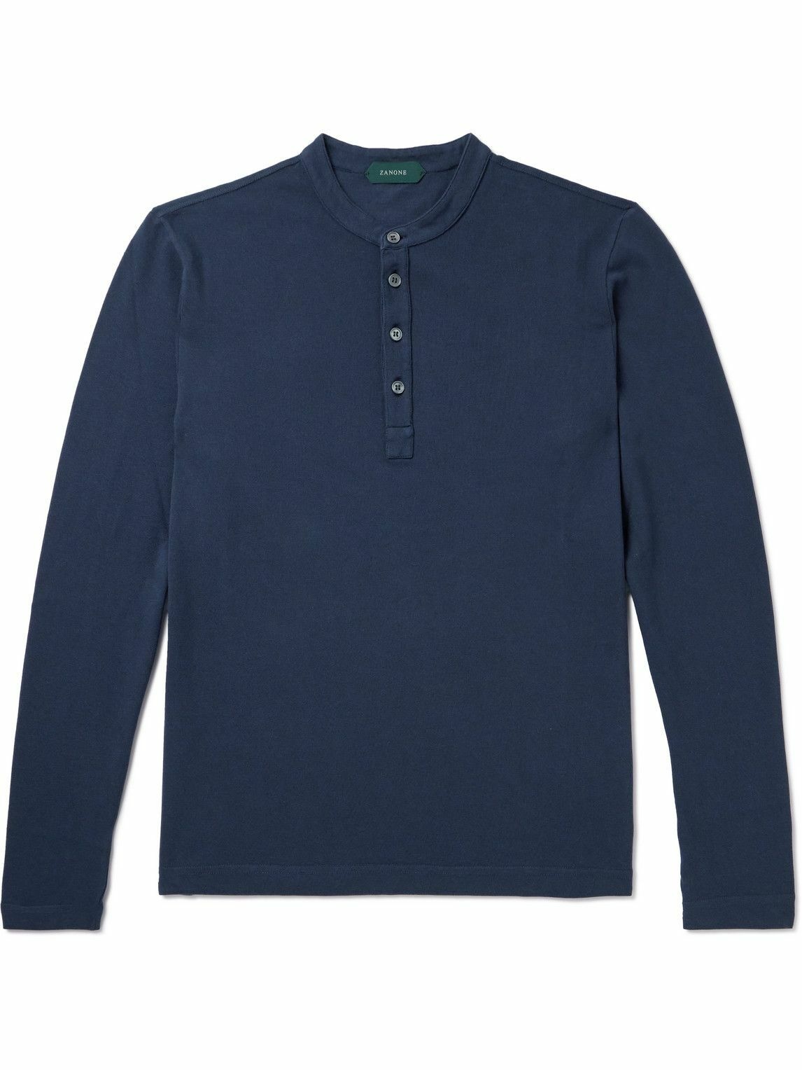 Photo: Incotex - Zanone Garment-Dyed Cotton-Piqué Henley T-Shirt - Blue