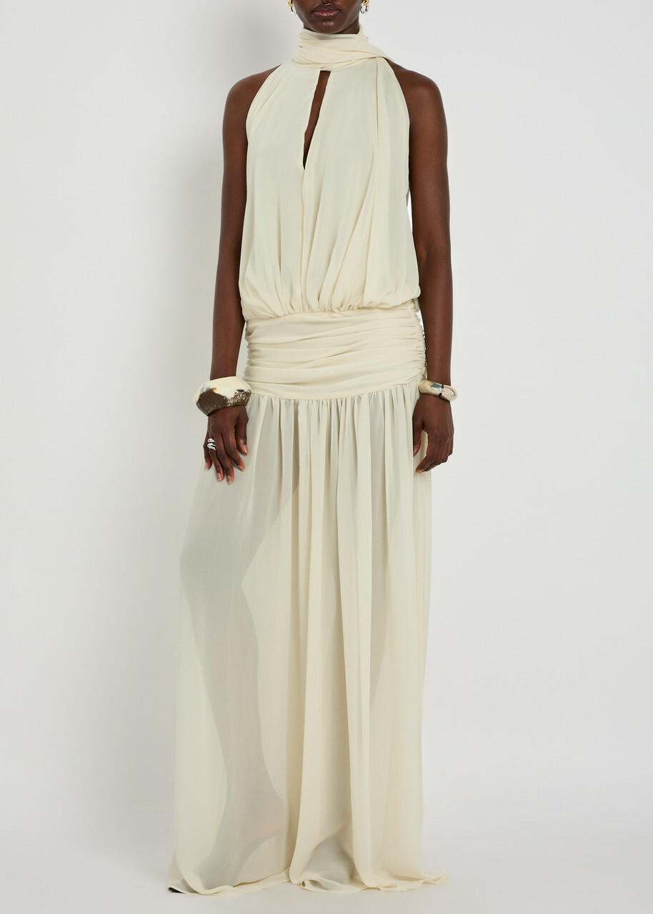 DE LA Vali Cruz Draped Scarf-effect Chiffon Maxi Dress Cream