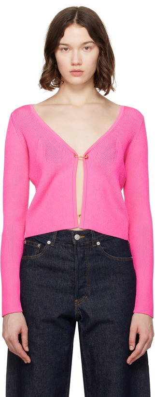 Photo: Versace Pink Safety Pin Ribbed Knit Fitted Cardigan