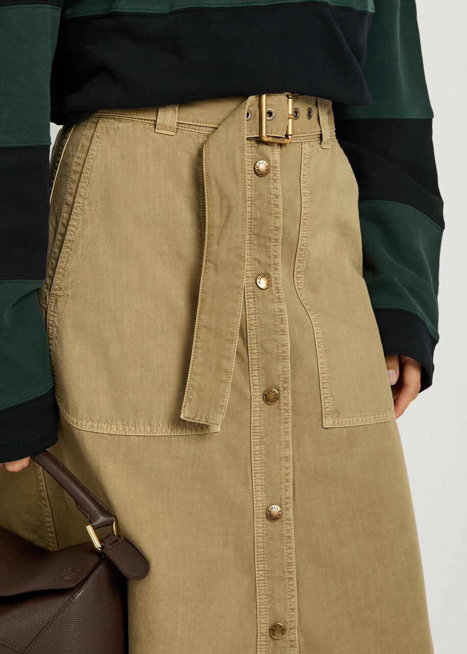 Moncler Belted Cotton-twill Midi Skirt Beige