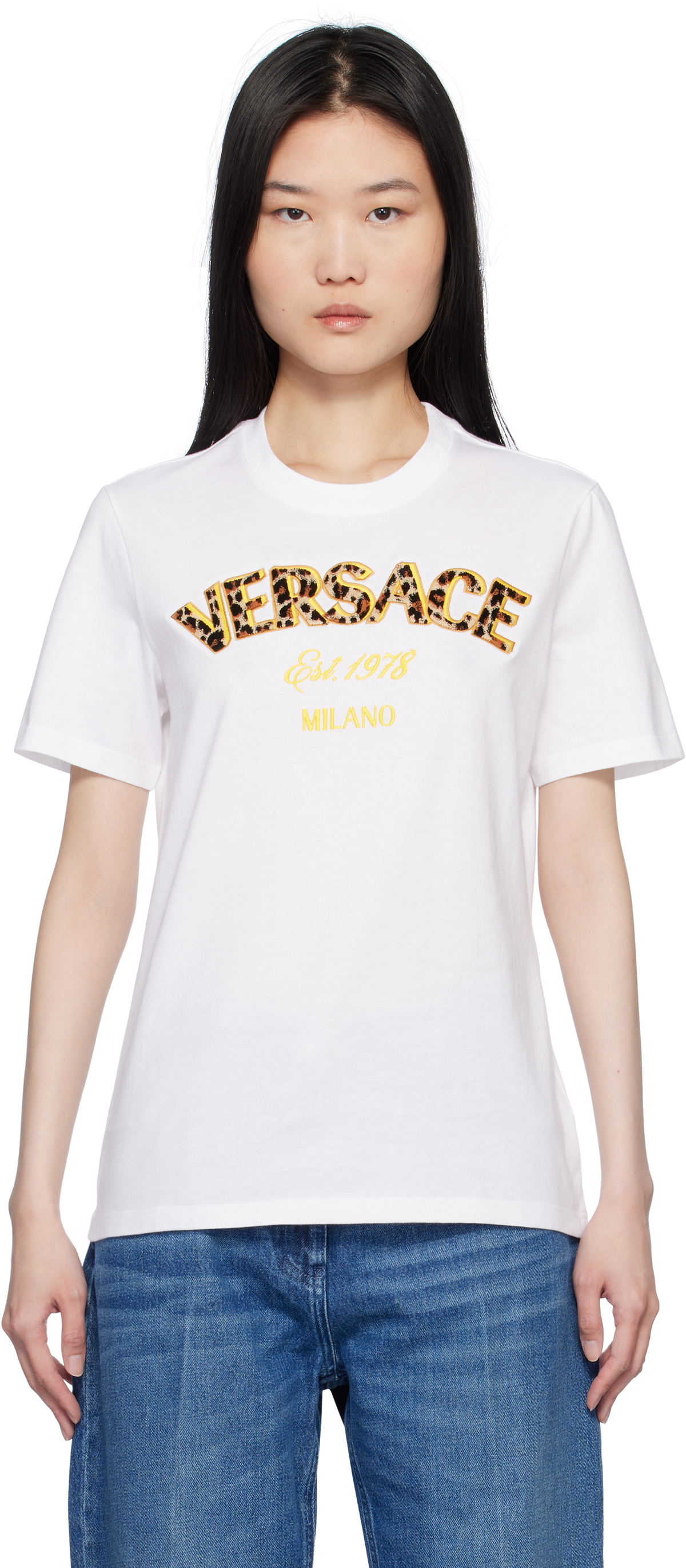 Versace White 'Versace Milano' Leopard Embroidery T-shirt Versace