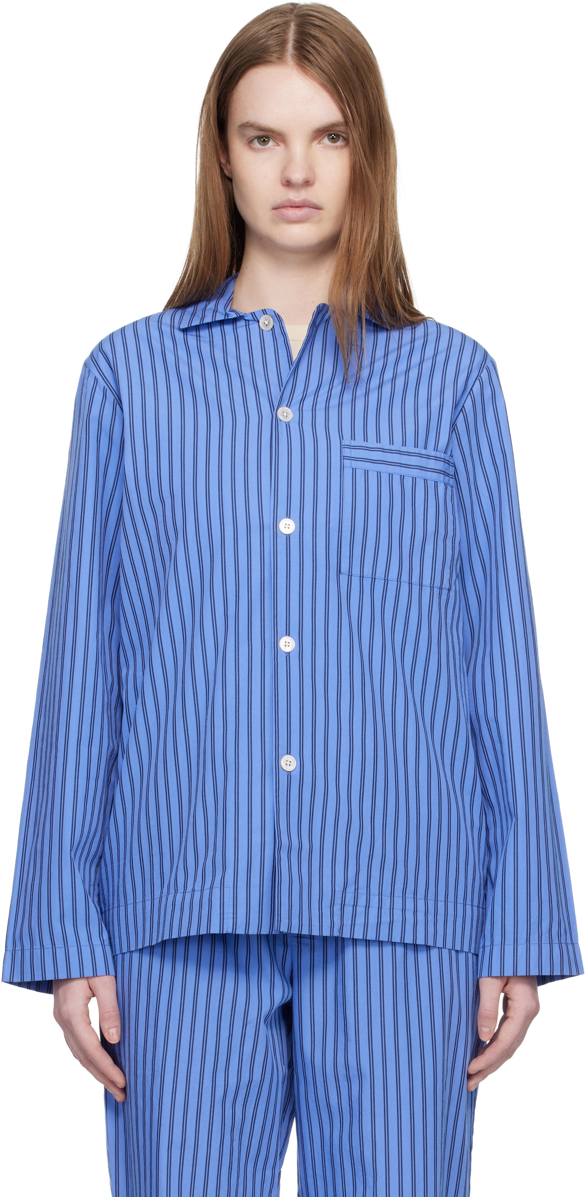 Tekla Blue Poplin Long-Sleeved Pyjama Shirt