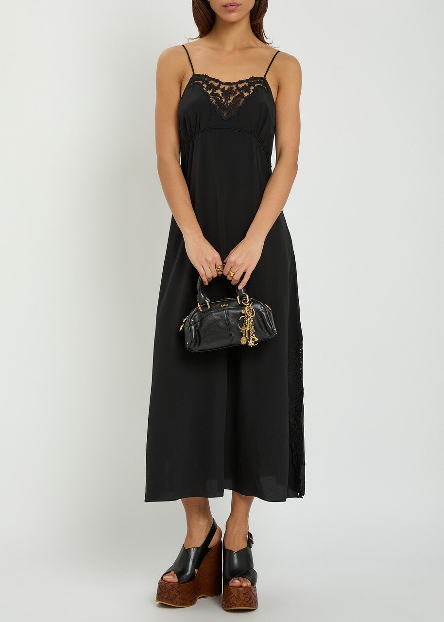 Chloe Lace-trimmed Silk Midi Dress Black
