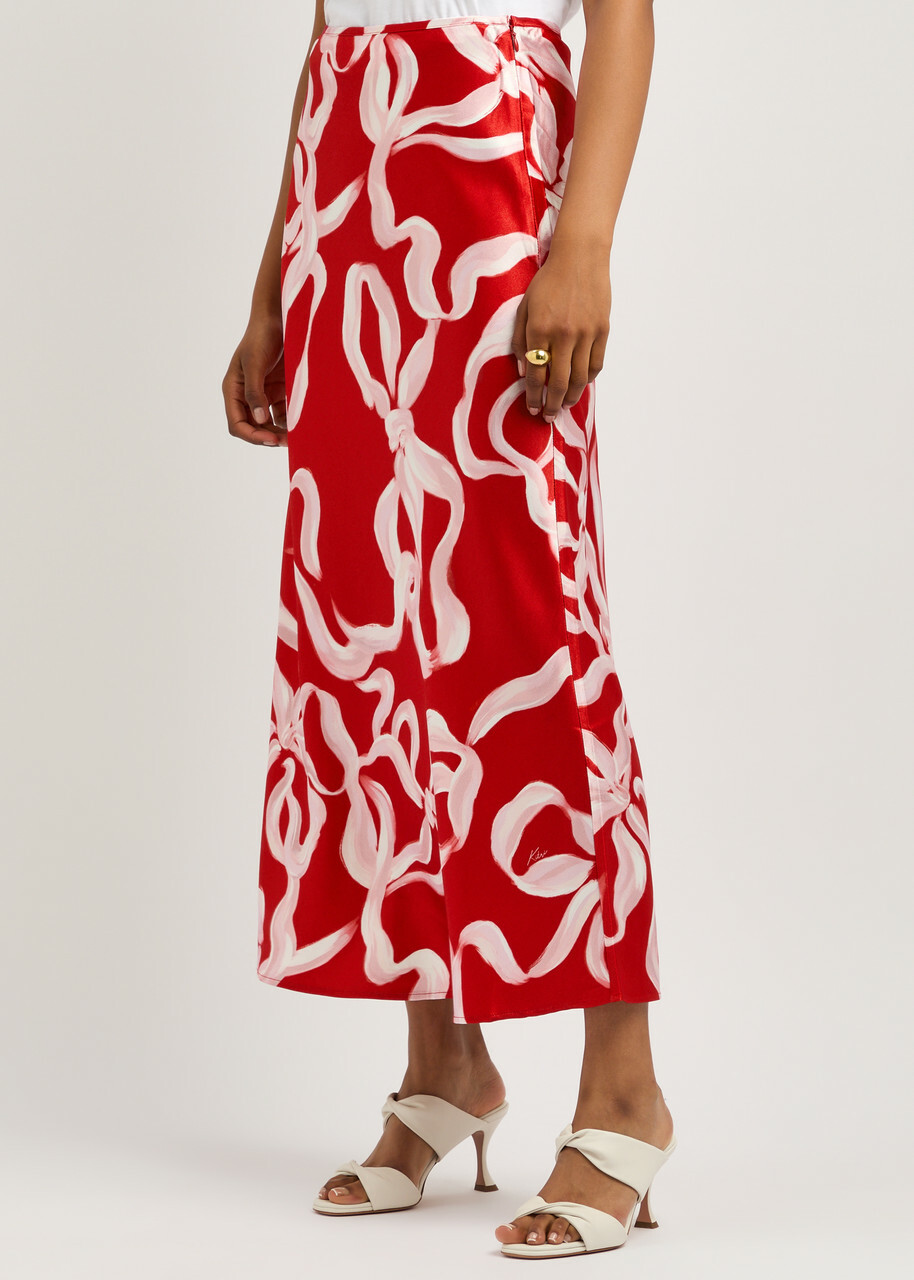 Kitri Layla Printed Satin Maxi Skirt Red