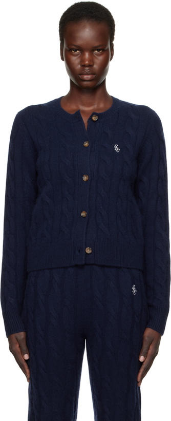 Photo: Sporty & Rich Navy 'SRC' Cableknit Cashmere Cardigan