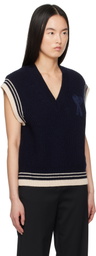 AMI Paris Navy Wool Ribbed Sleeveless V Neck Vest