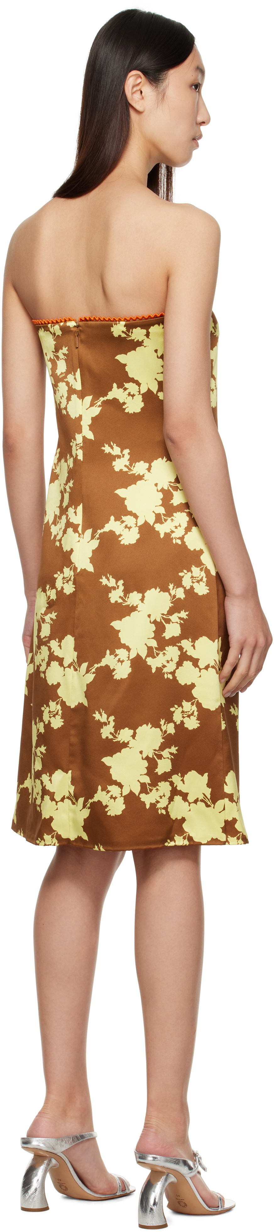 Versace Brown & Yellow Wild Roses Strapless Midi Dress
