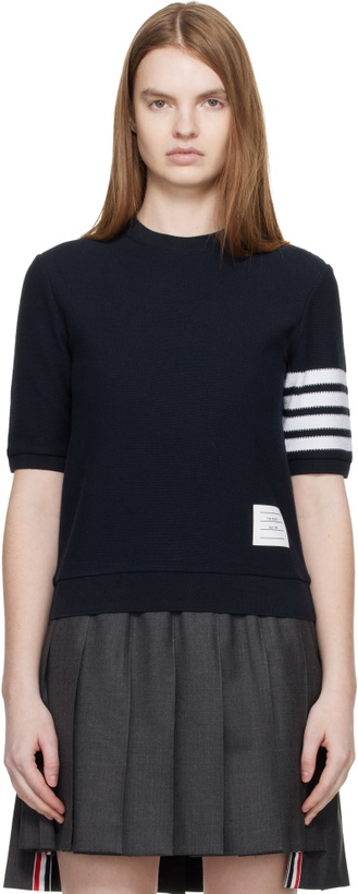 Photo: Thom Browne Navy Textured Cotton Pique 4-Bar T-shirt