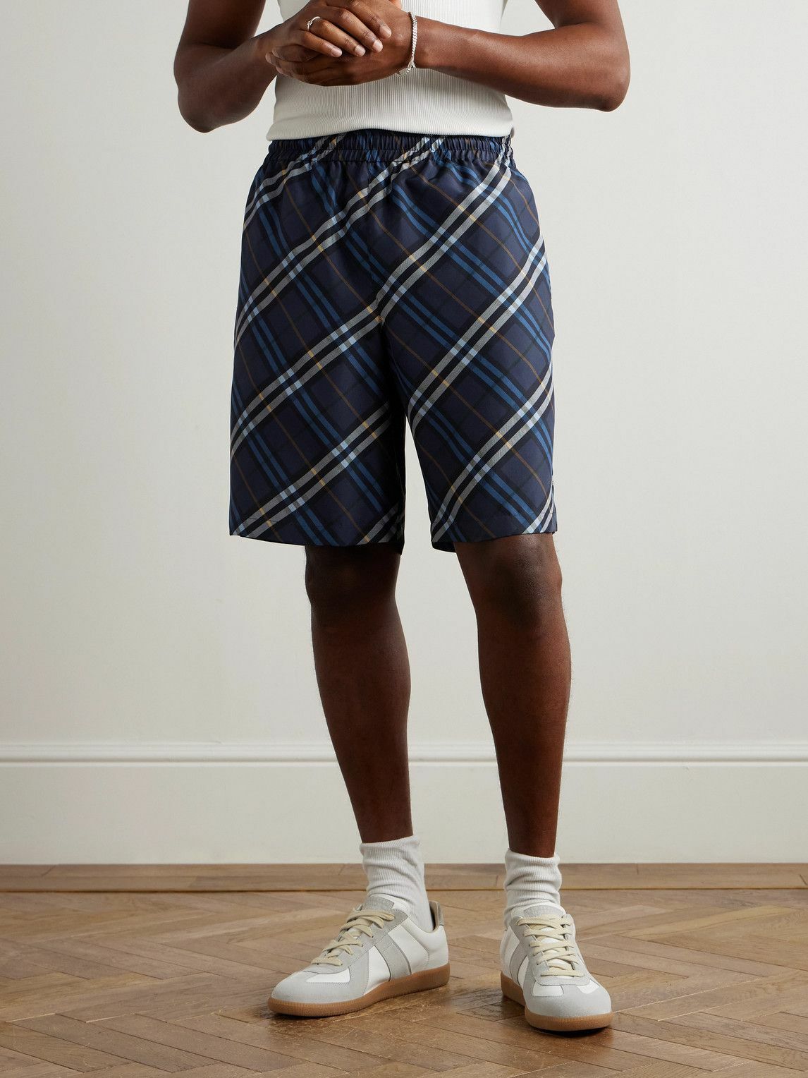 Burberry - Straight-Leg Checked Mulberry Silk-Satin Shorts - Blue