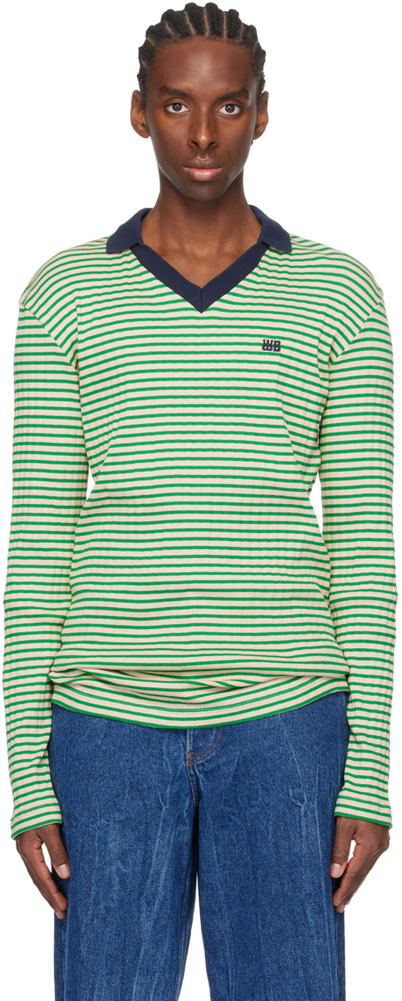 WALES BONNER Sonic Polo Shirt ボーダーニットポロ Wales Bonner Green & Off-White Sonic Polo Wales Bonner