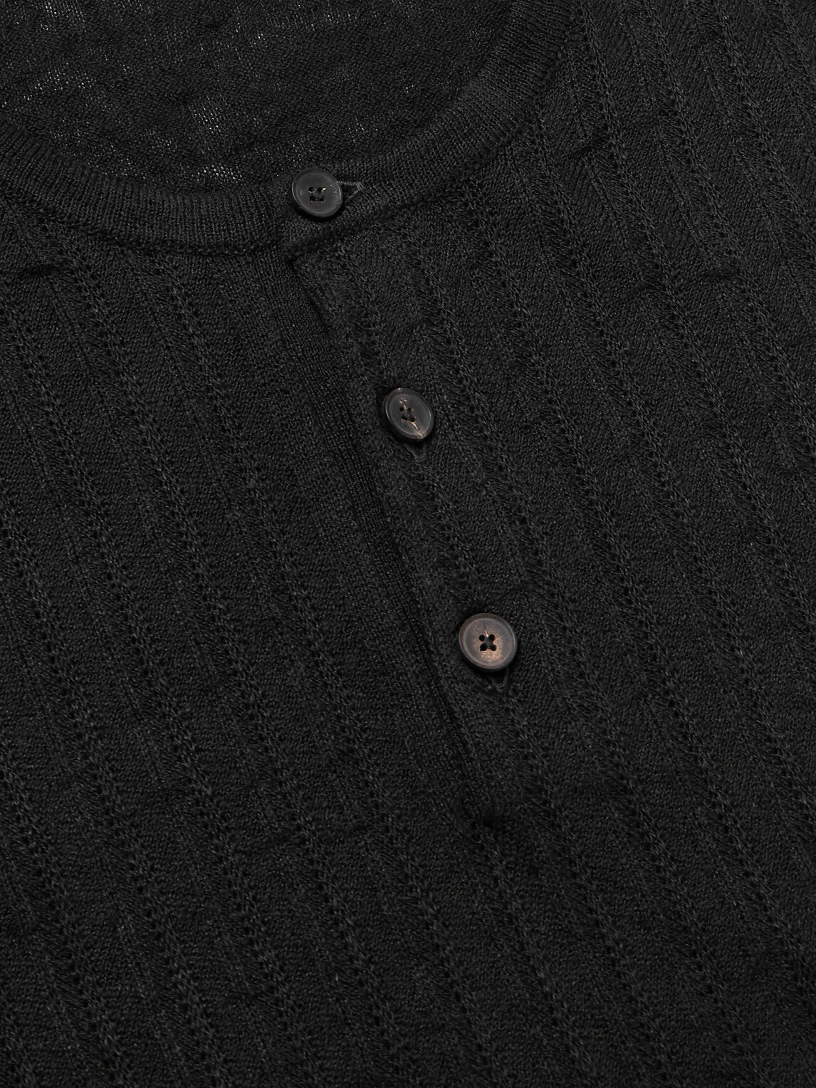 Mr P. - Pointelle-Knit Linen and Cotton-Blend Henley T-Shirt - Black