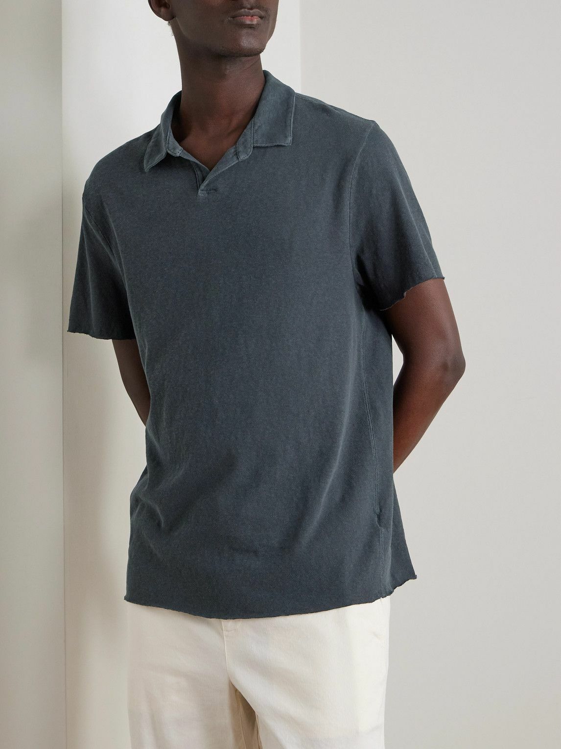 James Perse - Open-Collar Slub Cotton-Jersey Polo Shirt - Black