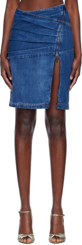 Photo: Nensi Dojaka Blue Livia Asymmetric Zip Denim Midi Skirt