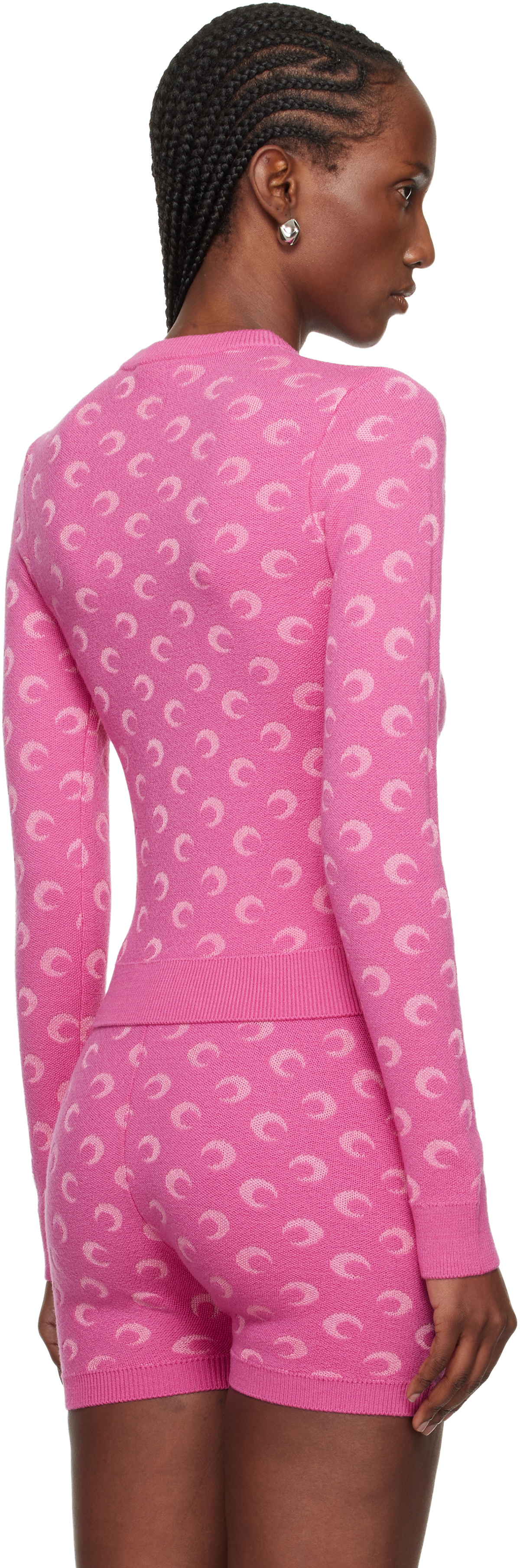 Marine Serre Pink Moon Jacquard Knit Fitted Crewneck Sweater