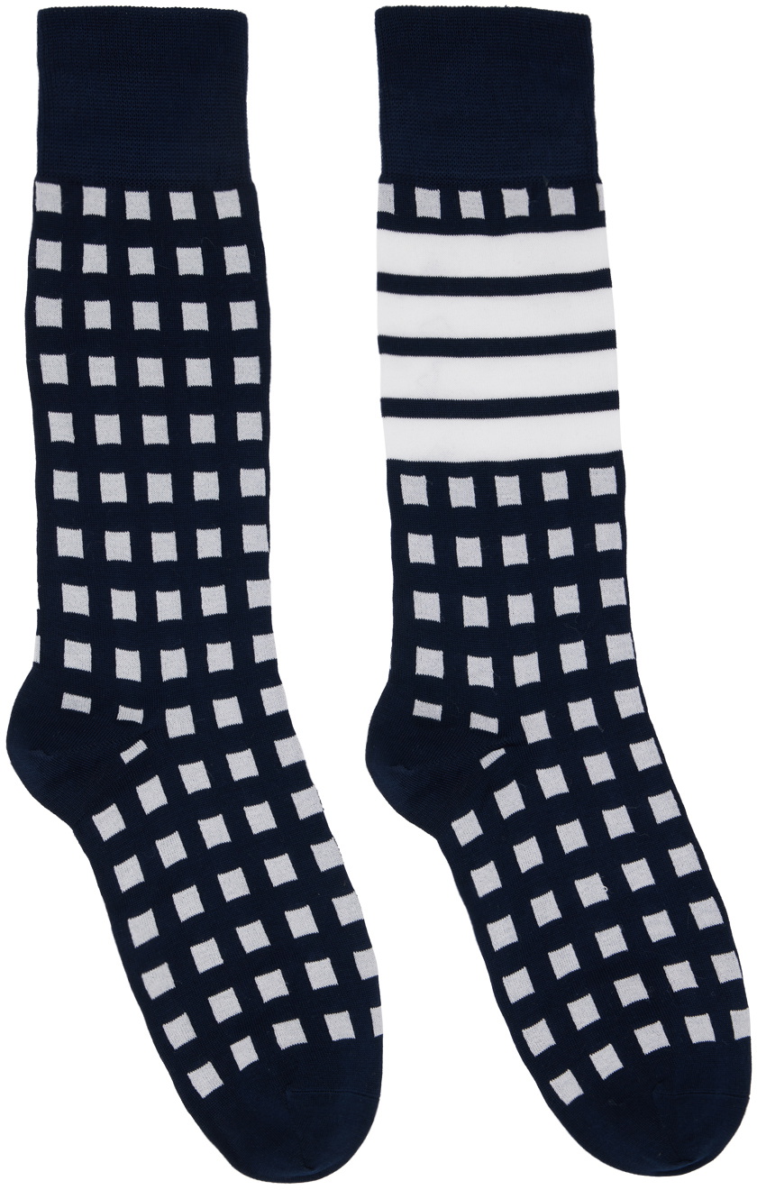 Thom Browne Navy Gingham 4Bar Socks Thom Browne