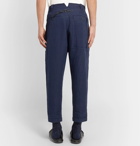 Isabel Benenato - Wide-Leg Cropped Grosgrain-Trimmed Linen Trousers - Navy