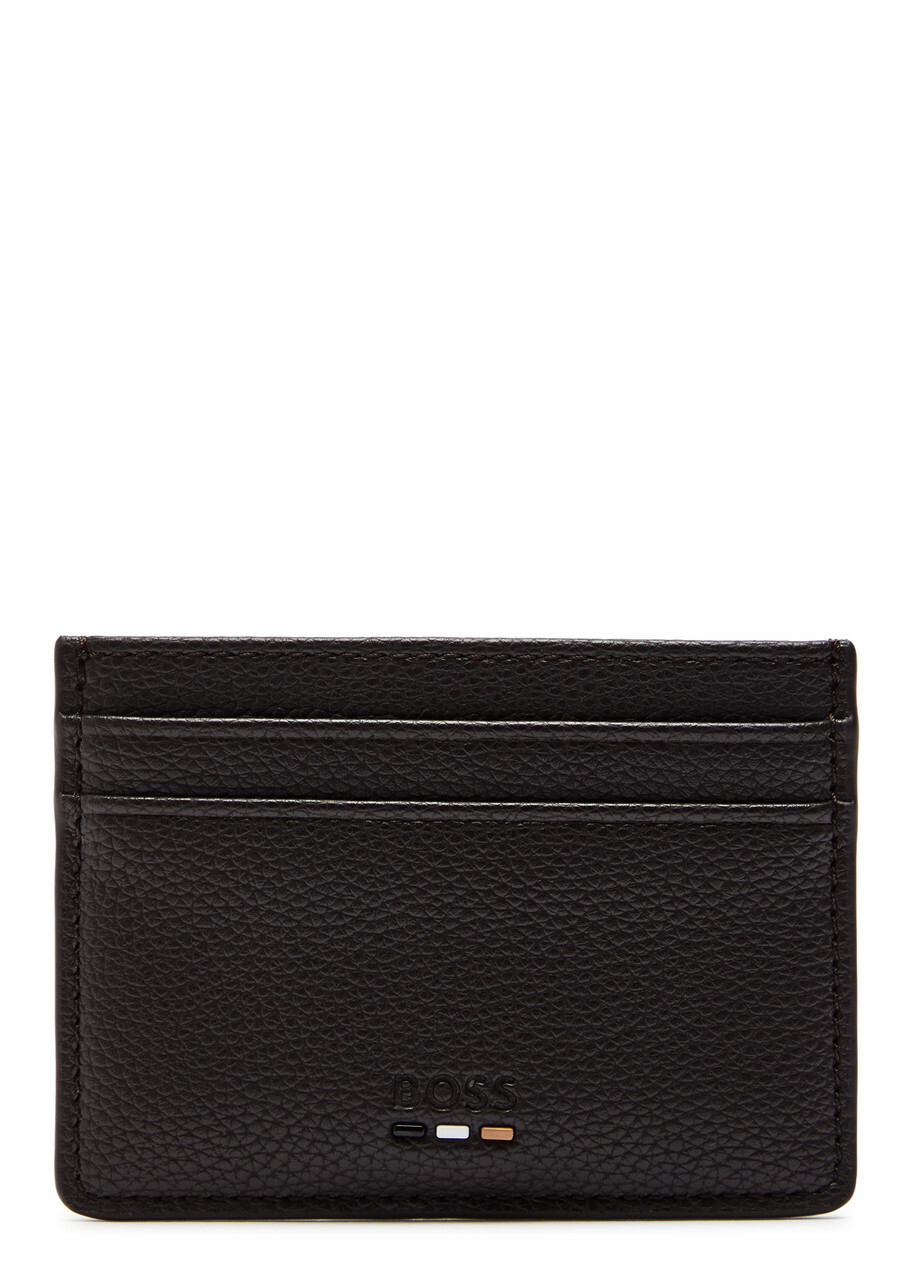 Boss Ray Logo Grained Leather Card Holder - Dark Brown - One Size