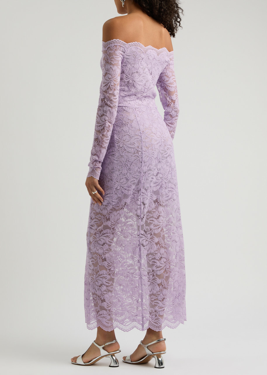オールインワン・サロペット Rabanne Long Lilac Lace Dress Bardot Neckline Rabanne Long Lilac Lace Dress Bardot Neckline in Purple | Lyst
