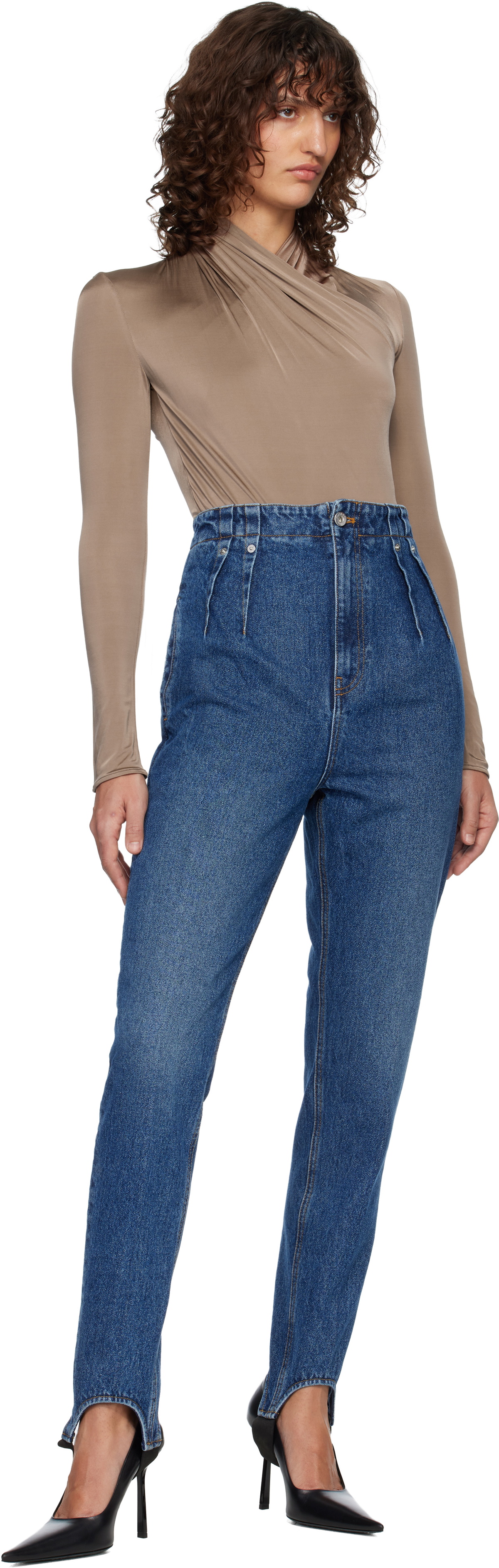 Mugler Blue Denim Cigarette Stirrup Jeans